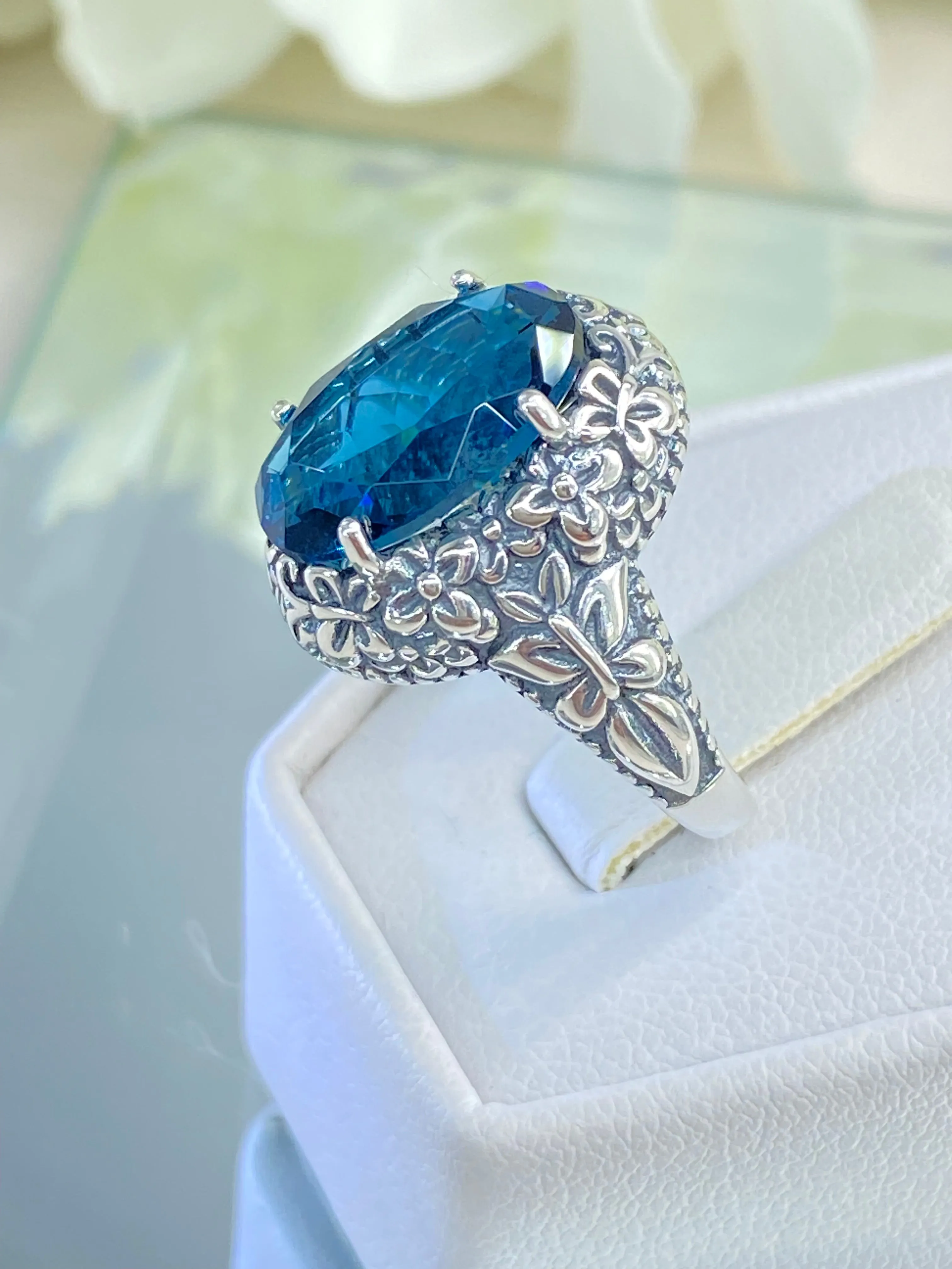 London Blue Butterfly Ring, Natural or Simulated Oval Gemstone, Art Nouveau Vintage Ring, D79