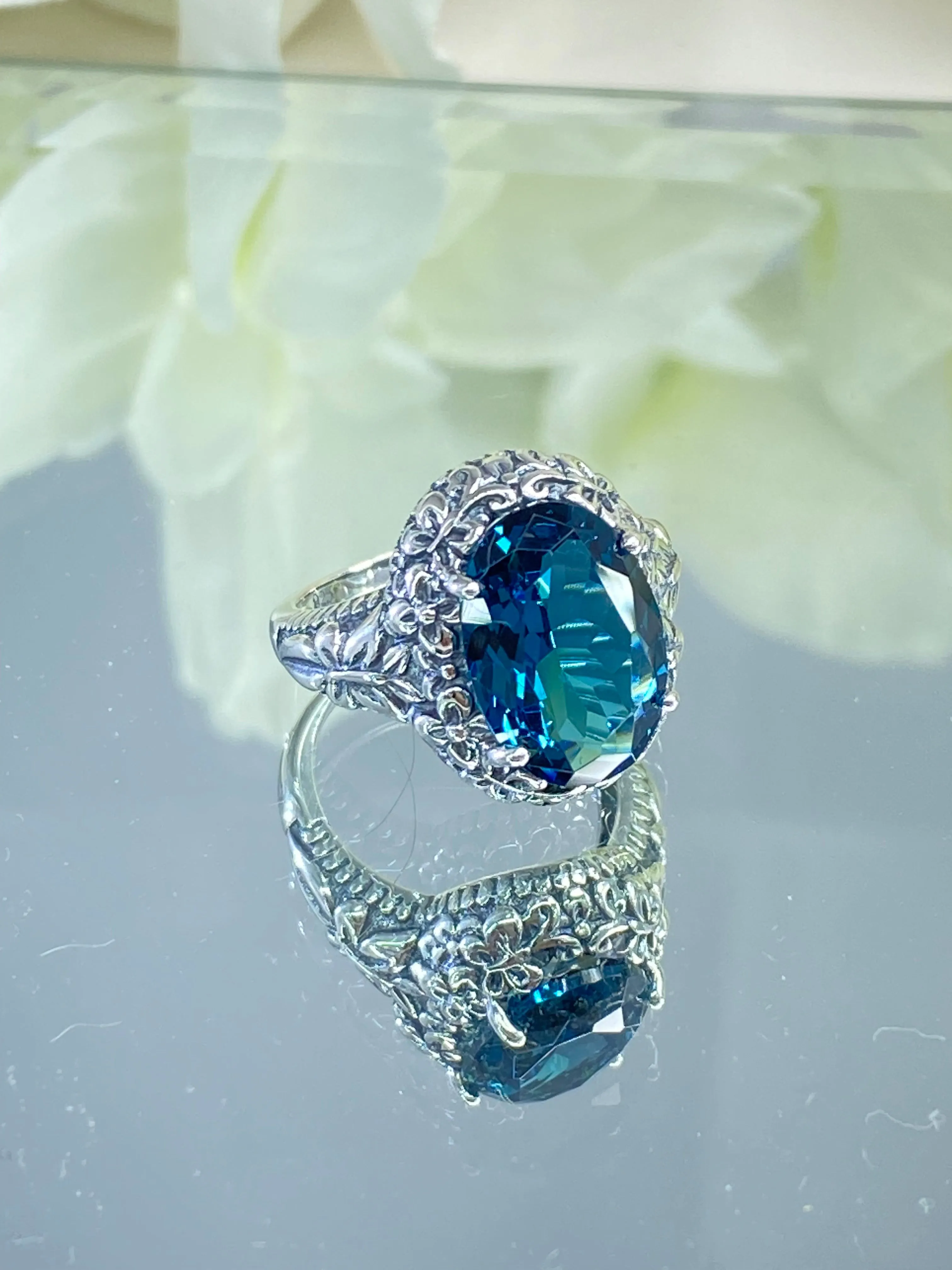 London Blue Butterfly Ring, Natural or Simulated Oval Gemstone, Art Nouveau Vintage Ring, D79