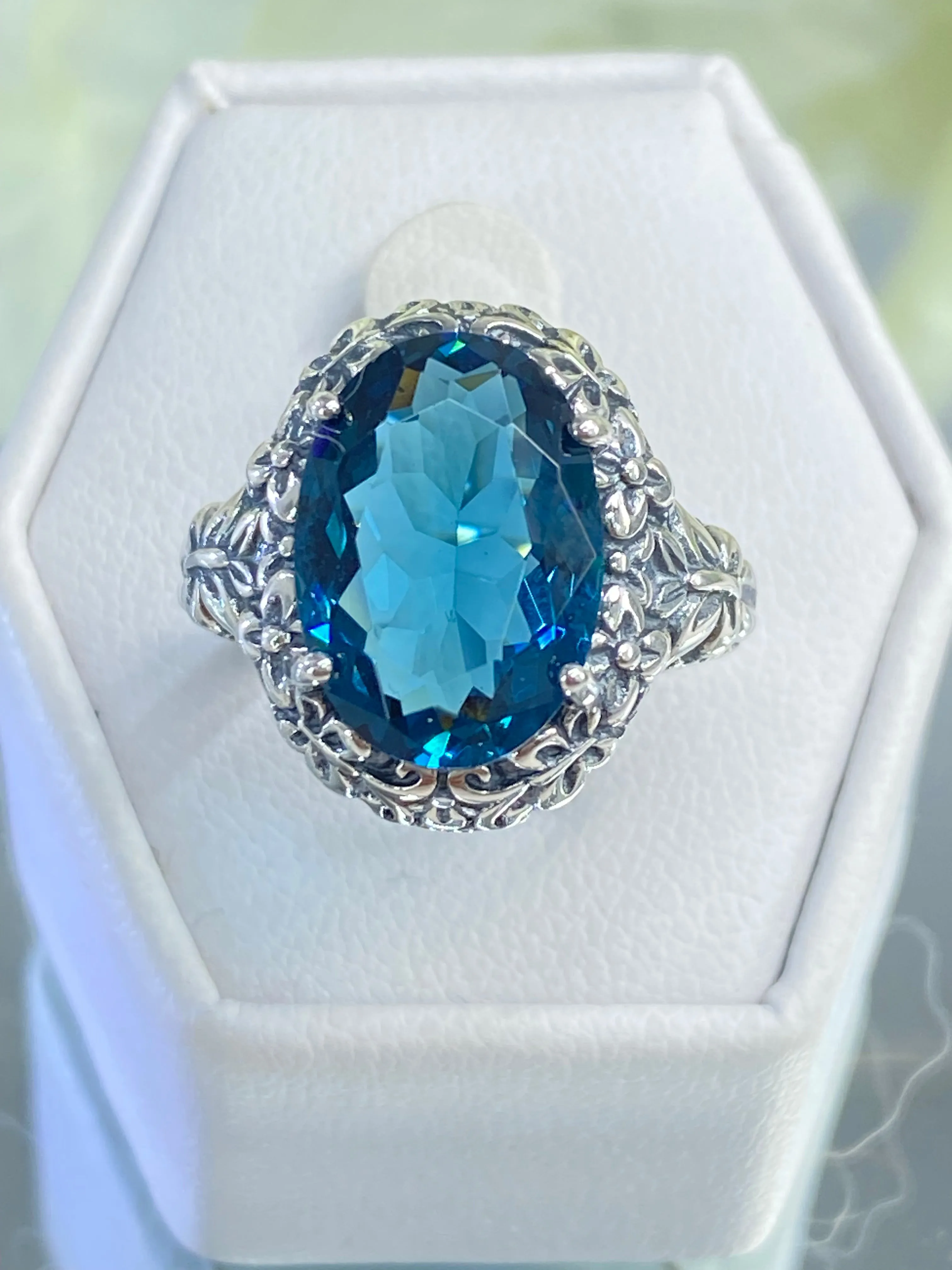 London Blue Butterfly Ring, Natural or Simulated Oval Gemstone, Art Nouveau Vintage Ring, D79