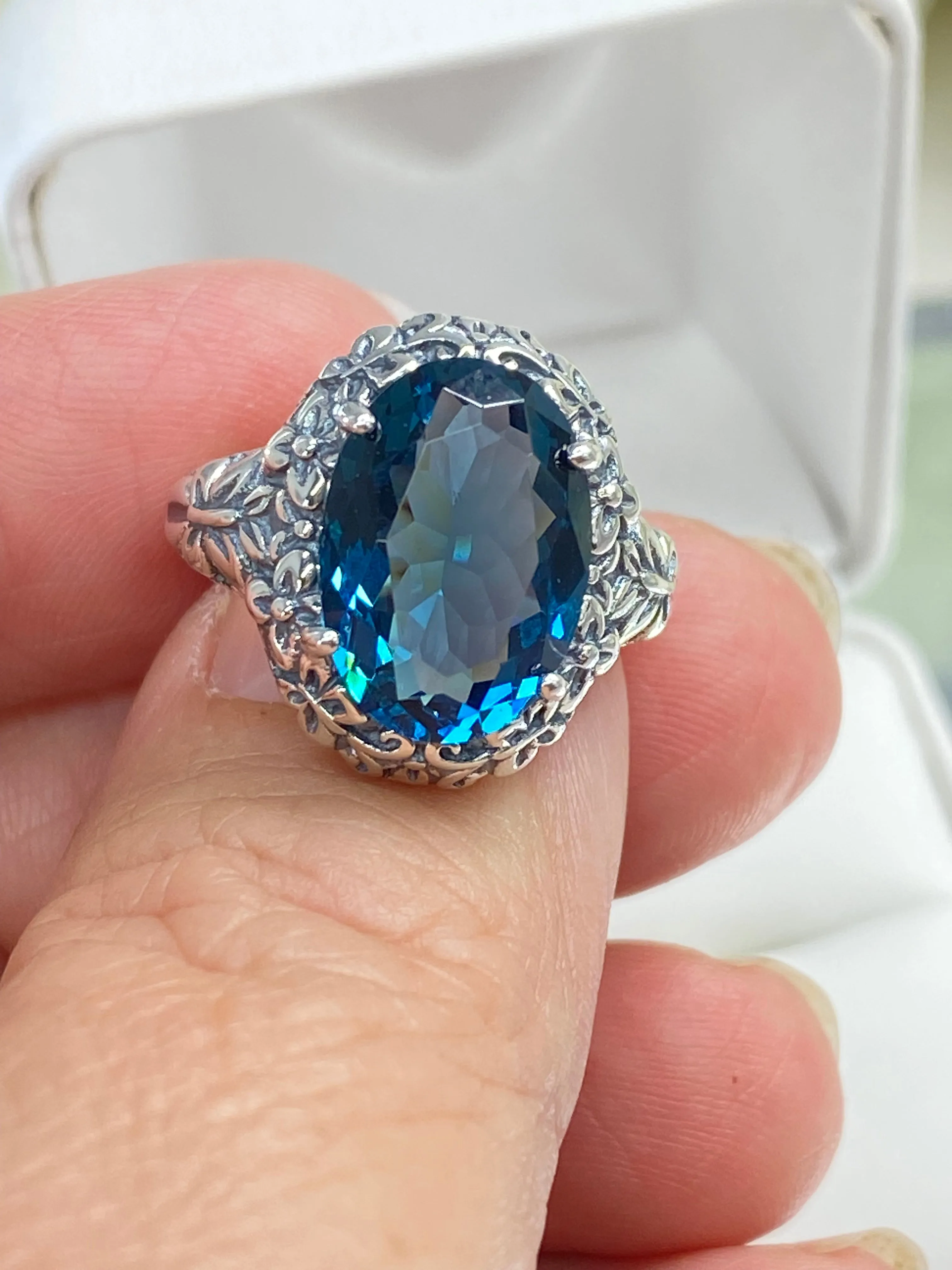 London Blue Butterfly Ring, Natural or Simulated Oval Gemstone, Art Nouveau Vintage Ring, D79