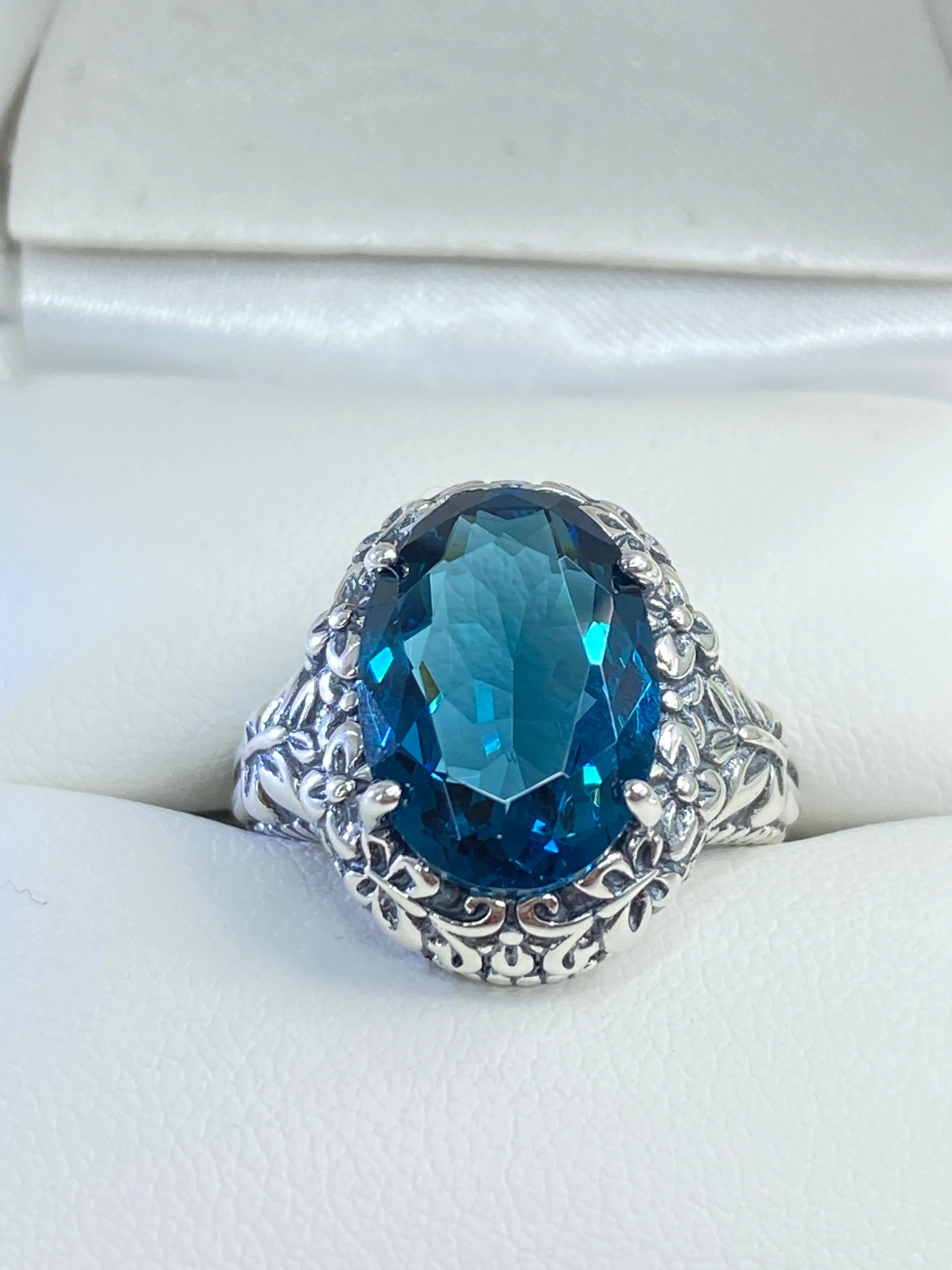London Blue Butterfly Ring, Natural or Simulated Oval Gemstone, Art Nouveau Vintage Ring, D79