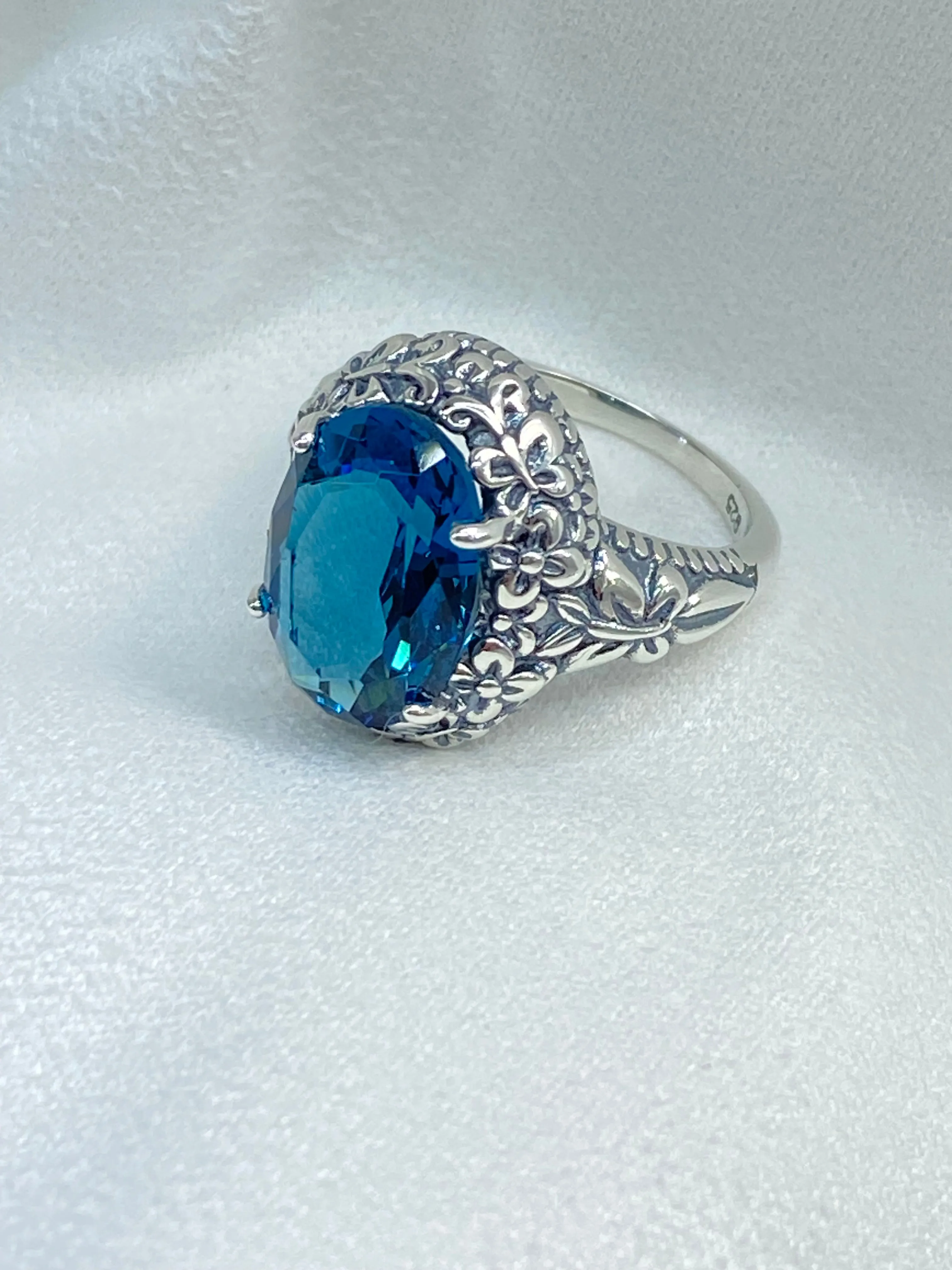 London Blue Butterfly Ring, Natural or Simulated Oval Gemstone, Art Nouveau Vintage Ring, D79