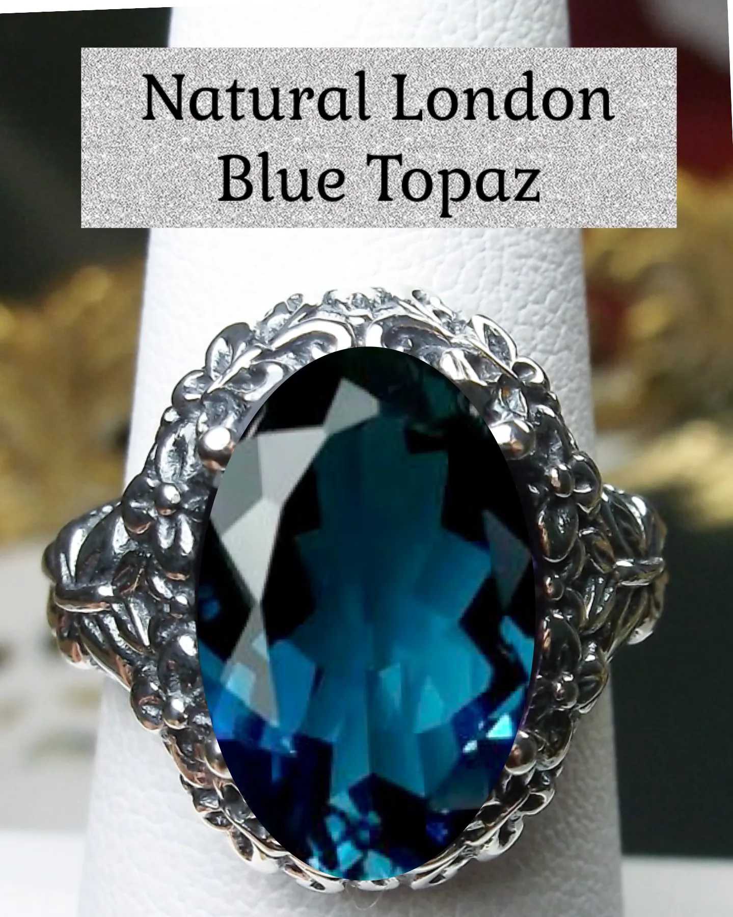 London Blue Butterfly Ring, Natural or Simulated Oval Gemstone, Art Nouveau Vintage Ring, D79