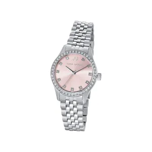 Luca Barra Ladies Stainless Steel Watch with Pink Dial, Bezel with White Crystals