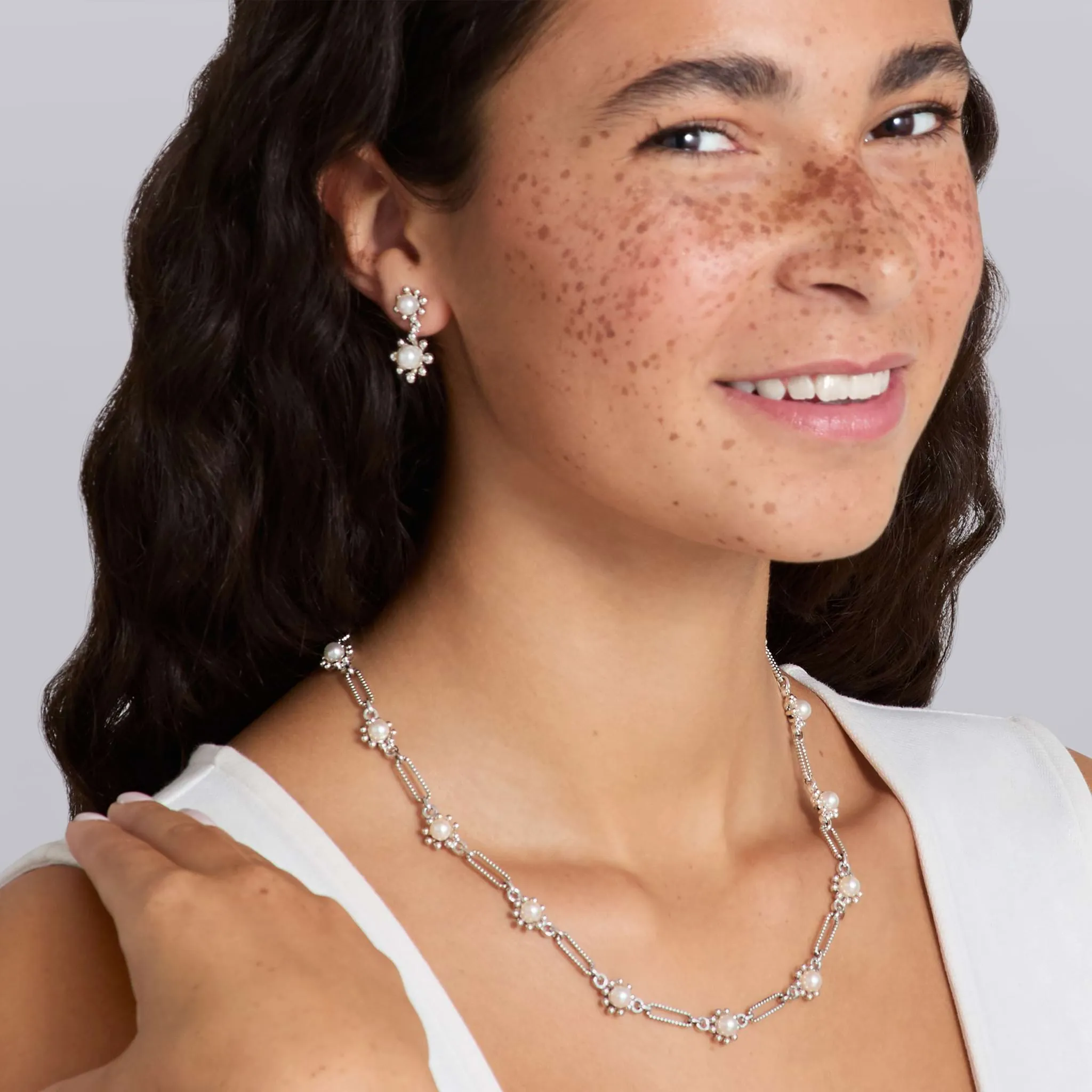 Luna Fleur Pearl Drop Earrings and Link Necklace Gift Set