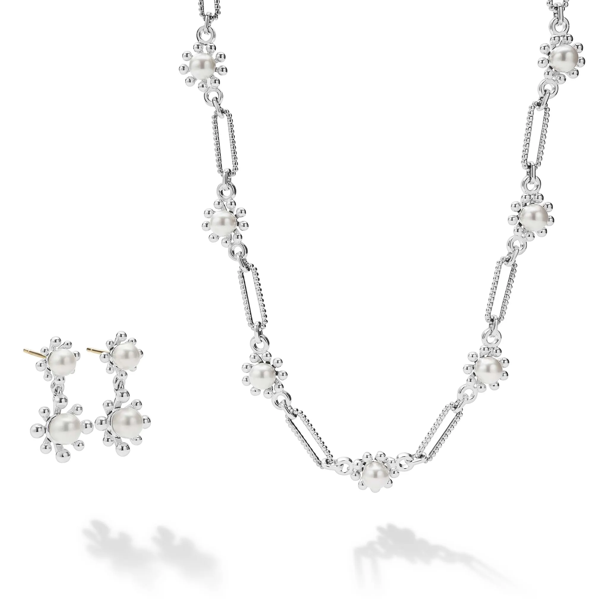 Luna Fleur Pearl Drop Earrings and Link Necklace Gift Set