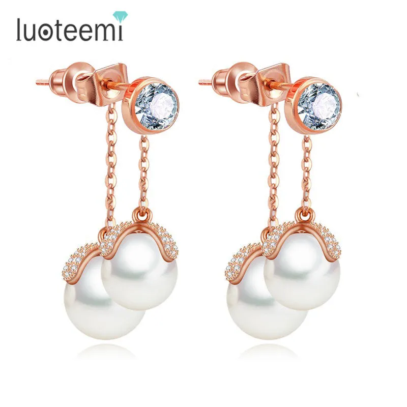 LUOTEEMI Romantic Sea Shell Imitation Double Pearls Pendant with Singer Round CZ Crystal Drop Earrings Vintage Dangle Brincos