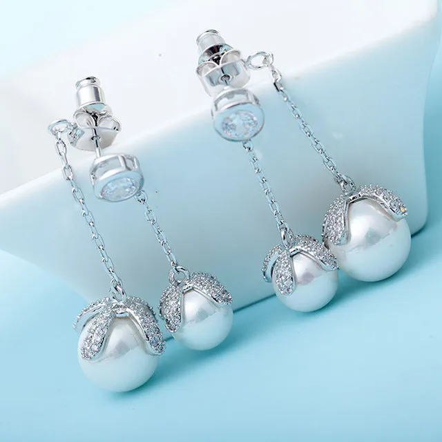 LUOTEEMI Romantic Sea Shell Imitation Double Pearls Pendant with Singer Round CZ Crystal Drop Earrings Vintage Dangle Brincos