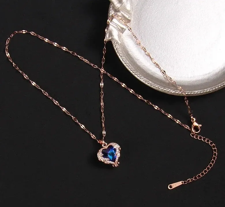 Luxury Colorful Crystal Ocean Heart Pendant Necklace For Women Korean Fashion Stainless Steel Neck Chain Female Wedding Jewelry