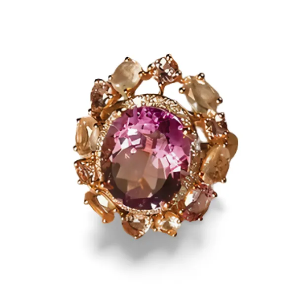 Magnificent Estate 14K Pink Rose Gold Diamond Amethyst Quartz Ring