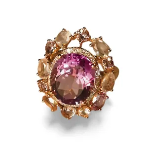 Magnificent Estate 14K Pink Rose Gold Diamond Amethyst Quartz Ring