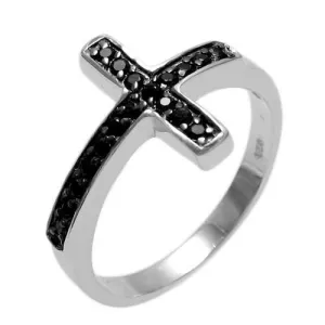 Magnificent Sideways Cross Ring with Black CZs in Sterling Silver.