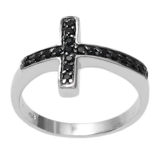 Magnificent Sideways Cross Ring with Black CZs in Sterling Silver.