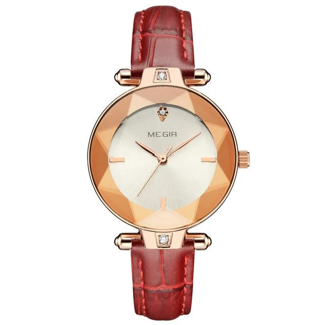 MEGIR Elegant Dress Women Watches Red Leather Strap Diamond Design 2019 Fashion Waterproof Quartz Analog Wristwatch feminino