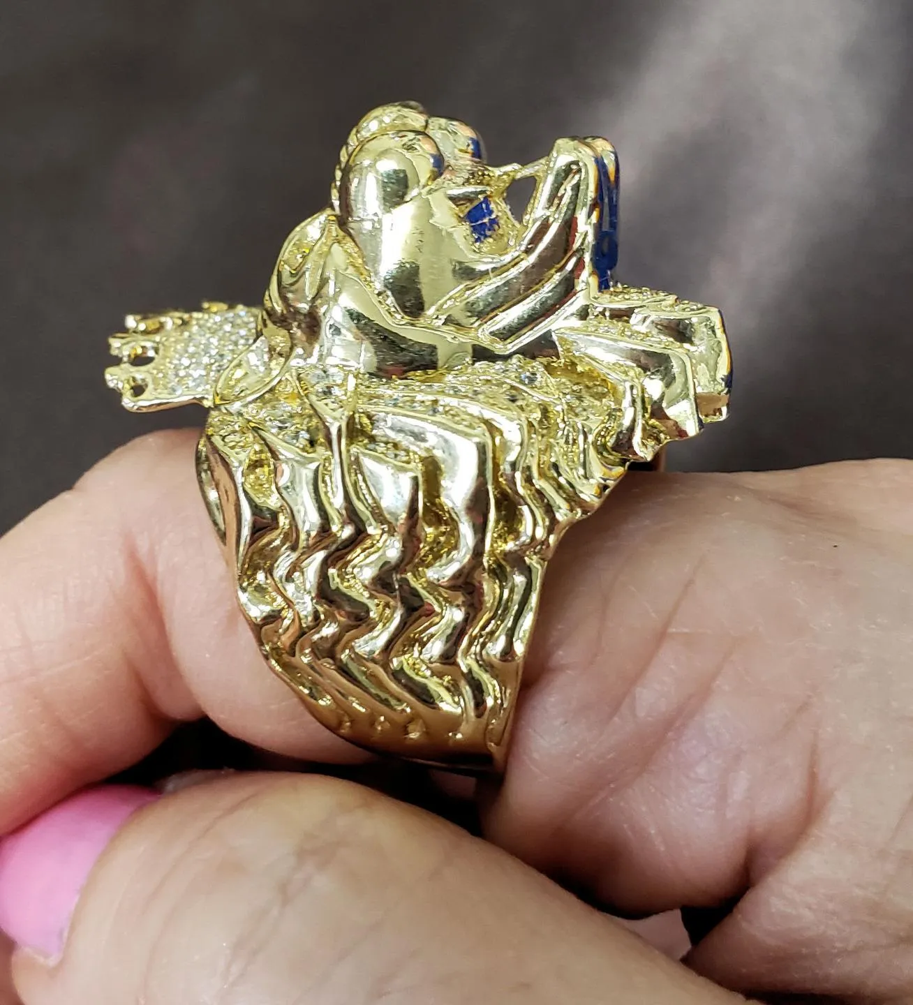 Mens 14k Yellow Gold CZ XL Lion King Head Ring