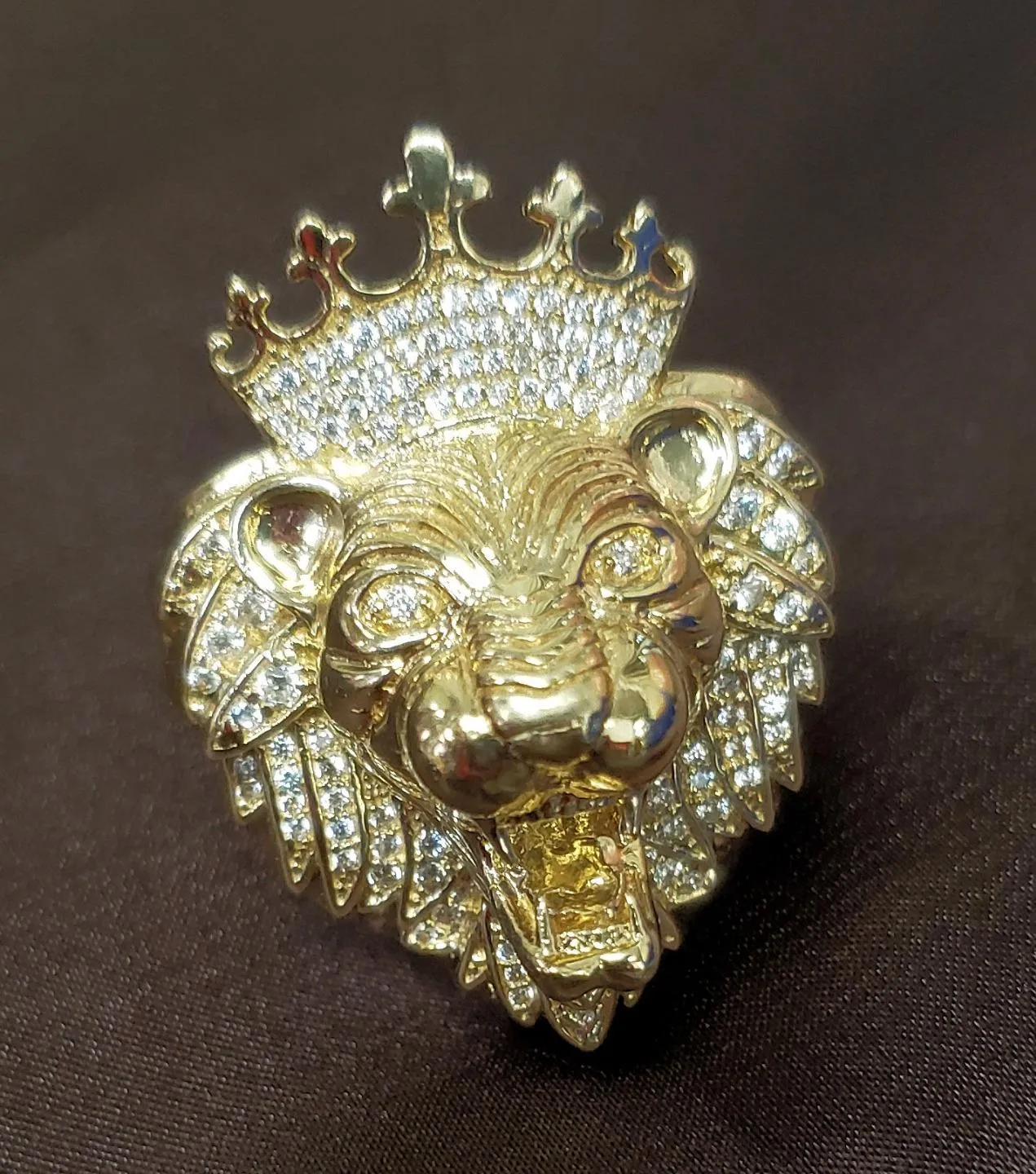 Mens 14k Yellow Gold CZ XL Lion King Head Ring