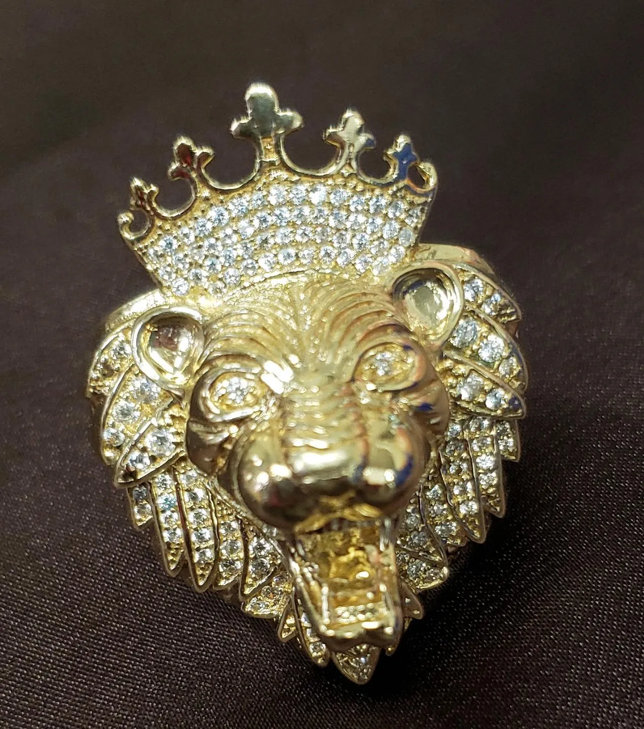 Mens 14k Yellow Gold CZ XL Lion King Head Ring