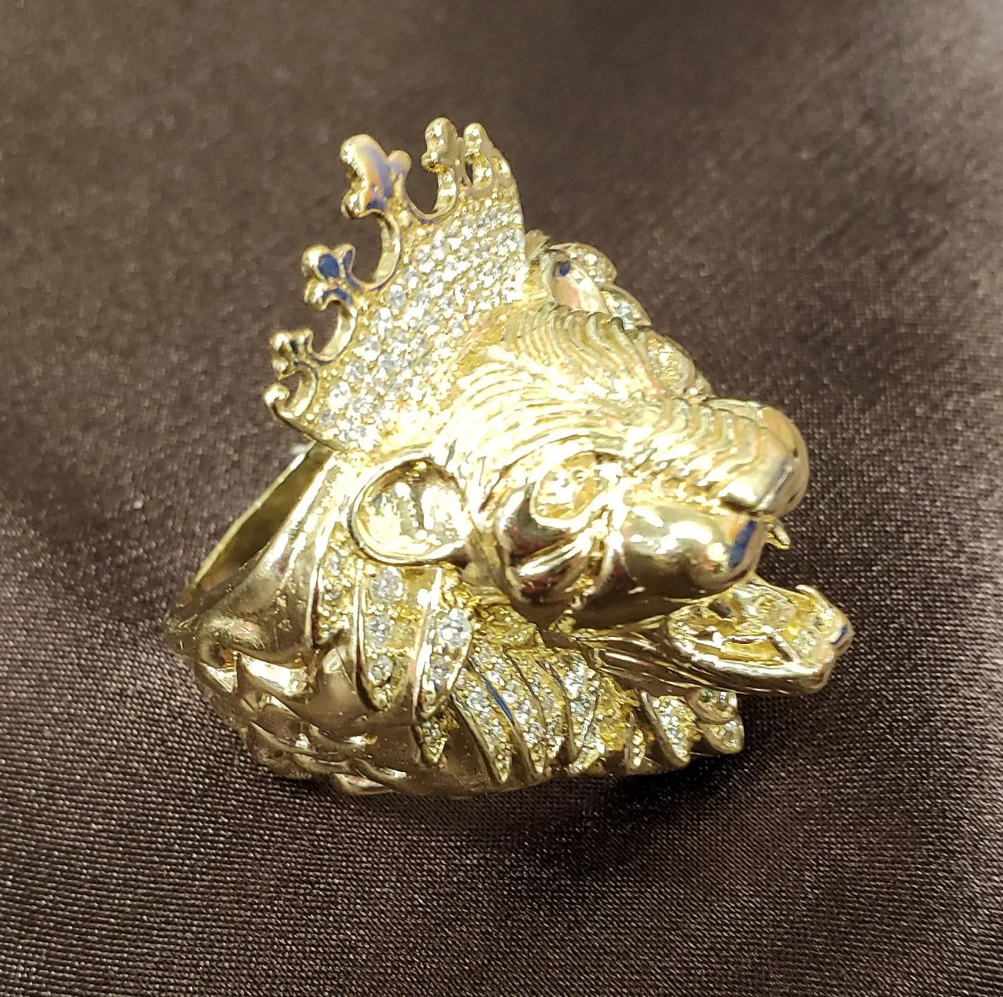 Mens 14k Yellow Gold CZ XL Lion King Head Ring