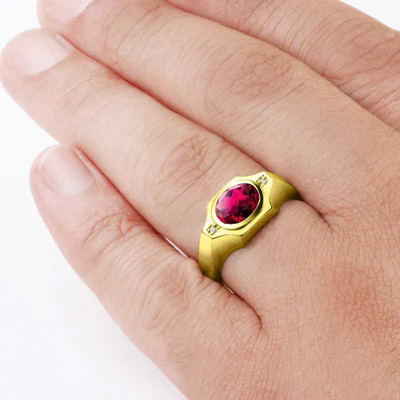 Men's Ring in 14k Yellow Gold with Ruby Gemstone and Diamonds