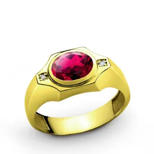 Men's Ring in 14k Yellow Gold with Ruby Gemstone and Diamonds