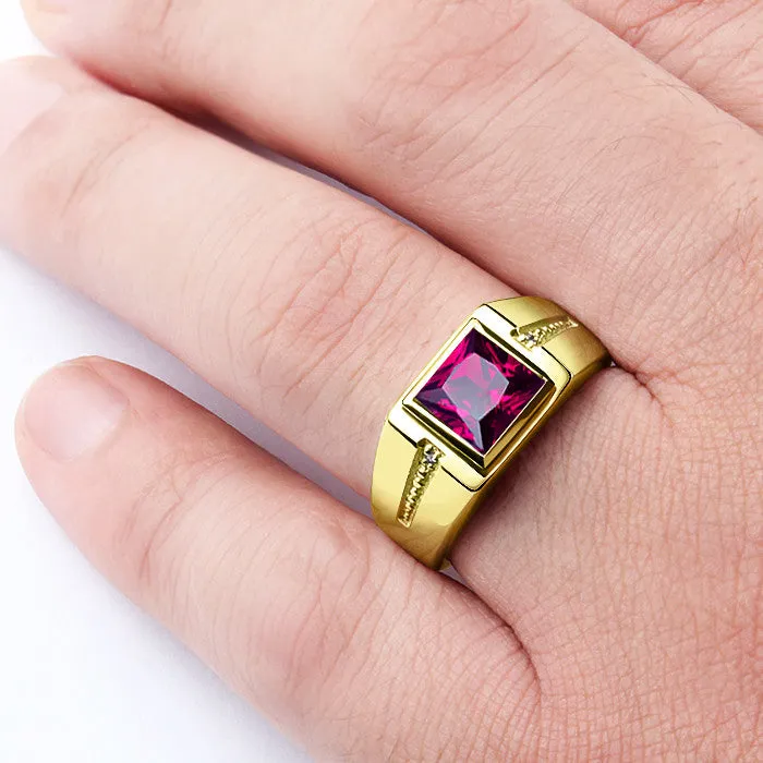 Men's Ring Red Ruby with Natural Diamonds in 10K Yellow Gold, Statement Ring for Men
