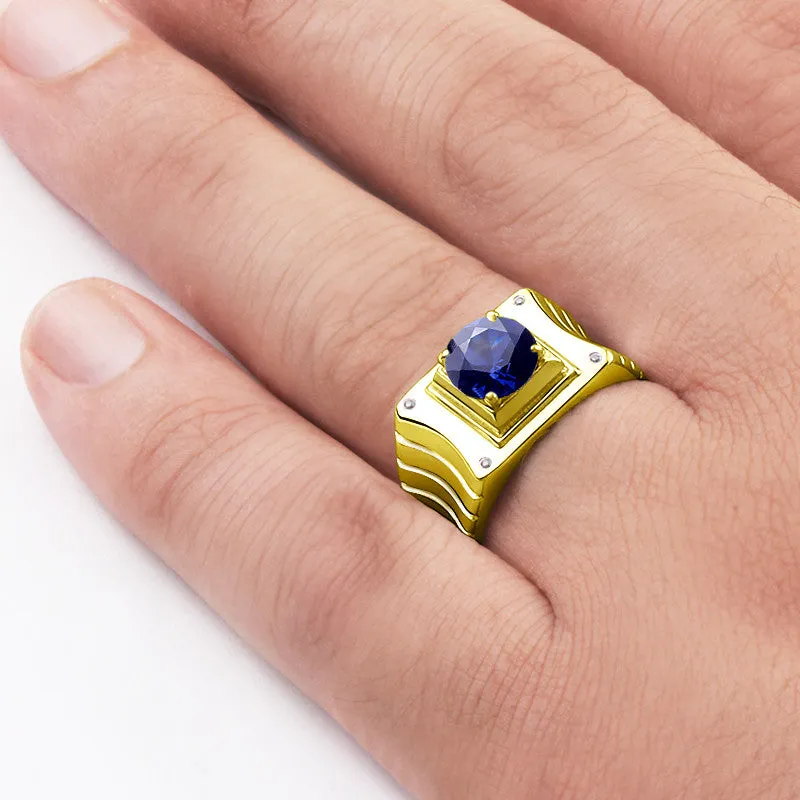 Men's Ring with Sapphire and Diamonds in 14 Yellow Gold