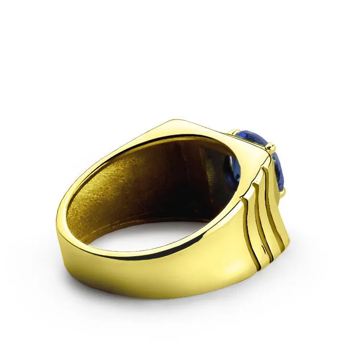 Men's Ring with Sapphire and Diamonds in 14 Yellow Gold