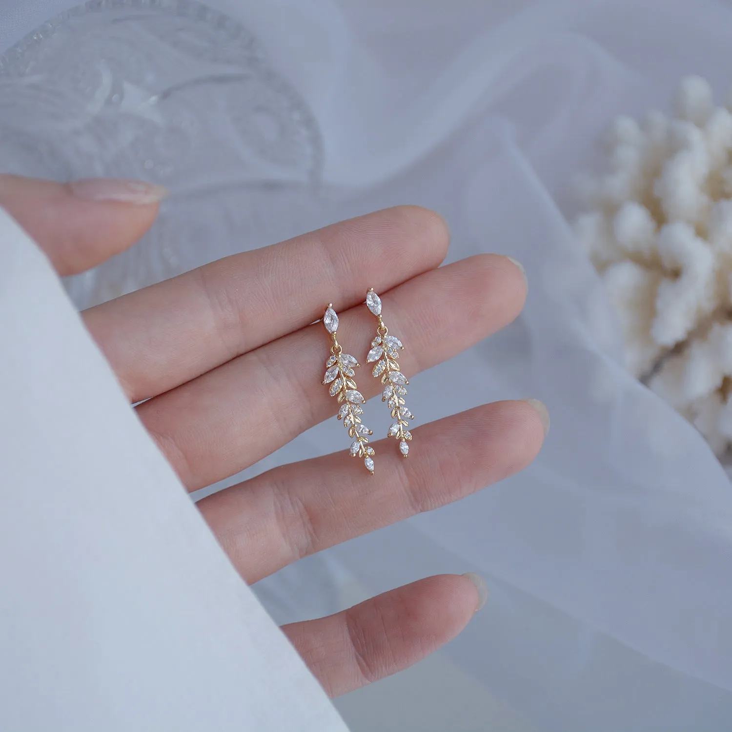 Micro-set Zirconia 14k Gold Plated Leaf Drop Earrings