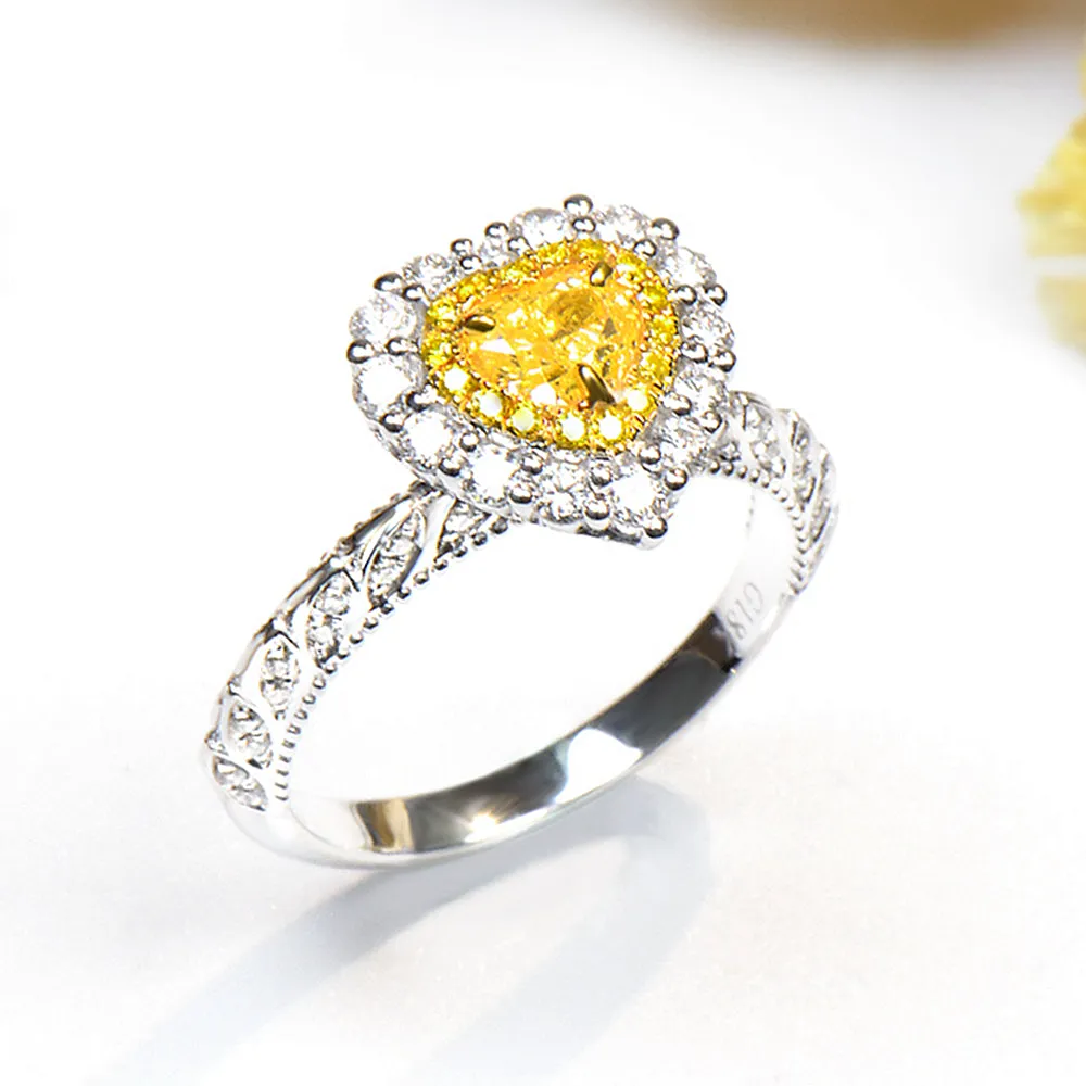 Milgrain Heart Cut Yellow Diamond Engagement Halo Ring