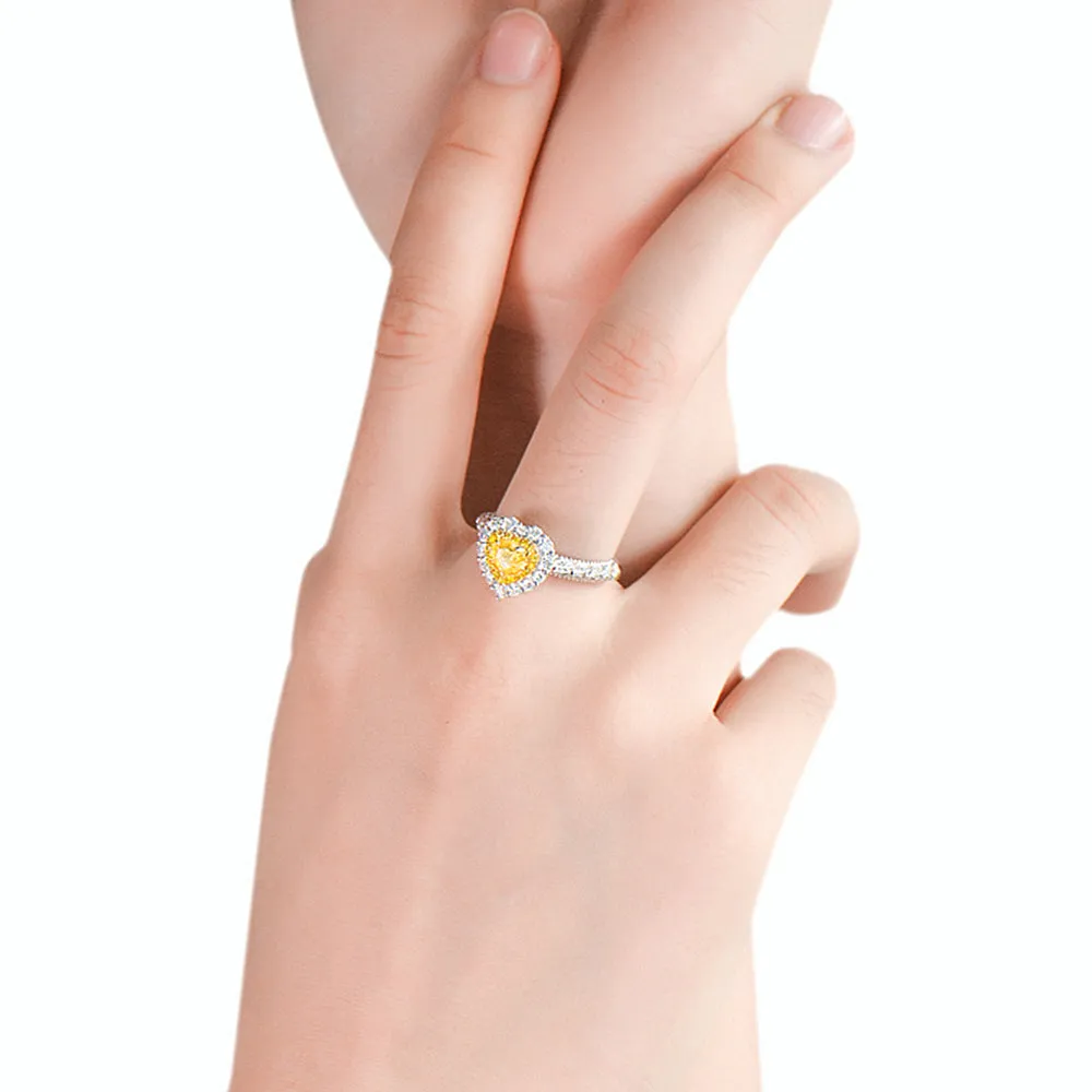 Milgrain Heart Cut Yellow Diamond Engagement Halo Ring