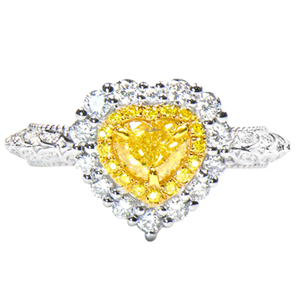 Milgrain Heart Cut Yellow Diamond Engagement Halo Ring