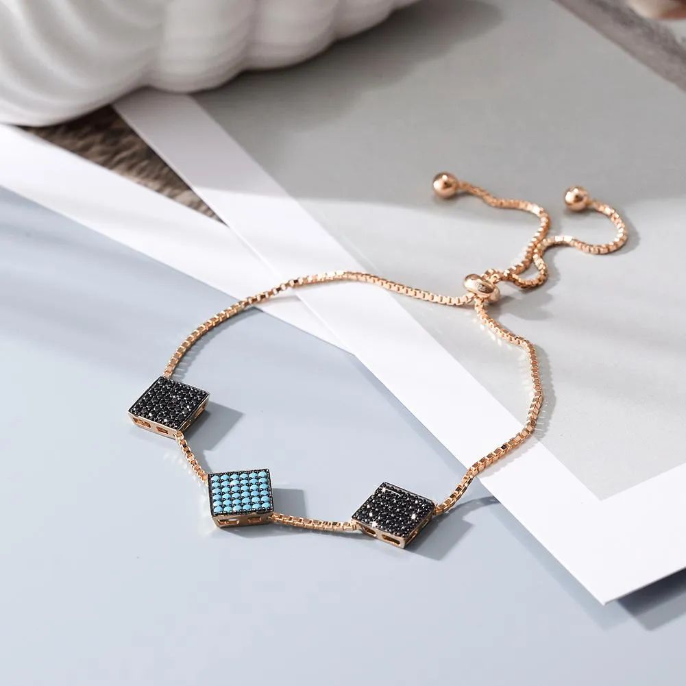 Modern Triple Square Sterling Silver Bracelet - Stylish 2D Rubik's Cube Charm - 10.3 Length - Gift Box Included"