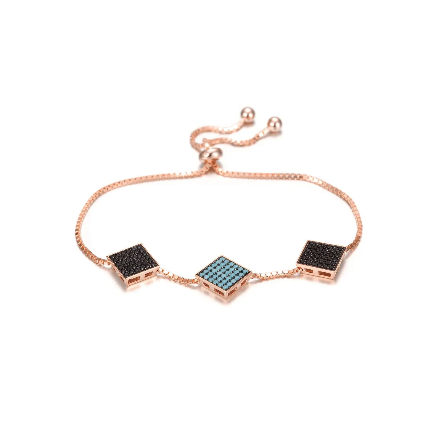 Modern Triple Square Sterling Silver Bracelet - Stylish 2D Rubik's Cube Charm - 10.3 Length - Gift Box Included"