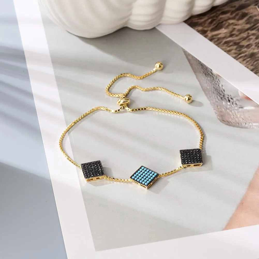 Modern Triple Square Sterling Silver Bracelet - Stylish 2D Rubik's Cube Charm - 10.3 Length - Gift Box Included"