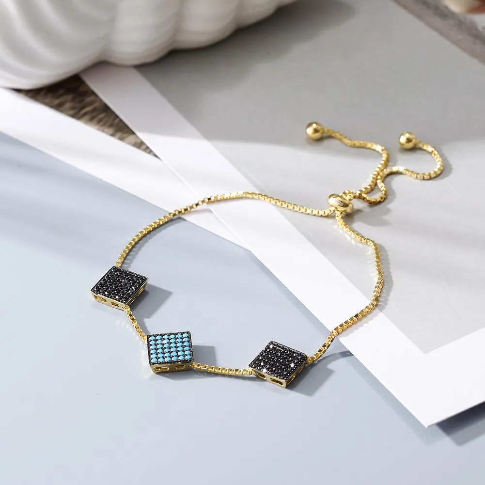 Modern Triple Square Sterling Silver Bracelet - Stylish 2D Rubik's Cube Charm - 10.3 Length - Gift Box Included"