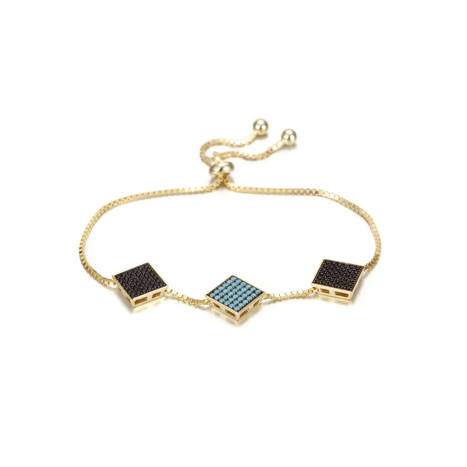 Modern Triple Square Sterling Silver Bracelet - Stylish 2D Rubik's Cube Charm - 10.3 Length - Gift Box Included"