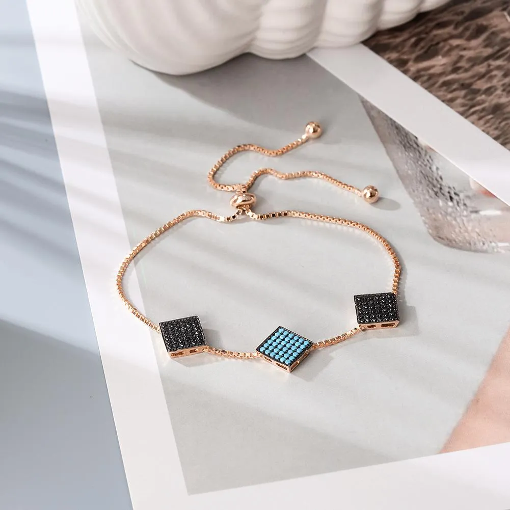 Modern Triple Square Sterling Silver Bracelet - Stylish 2D Rubik's Cube Charm - 10.3 Length - Gift Box Included"