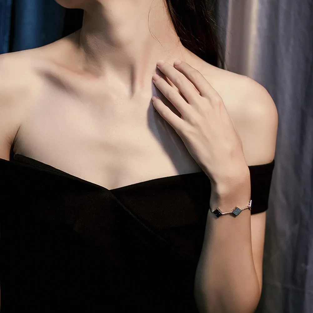 Modern Triple Square Sterling Silver Bracelet - Stylish 2D Rubik's Cube Charm - 10.3 Length - Gift Box Included"