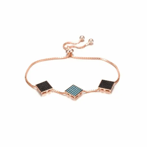 Modern Triple Square Sterling Silver Bracelet - Stylish 2D Rubik's Cube Charm - 10.3 Length - Gift Box Included"