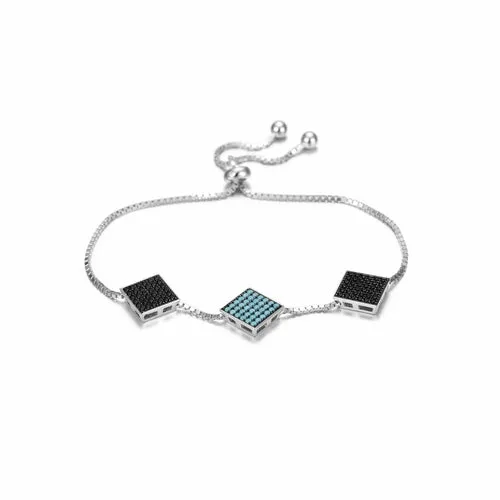 Modern Triple Square Sterling Silver Bracelet - Stylish 2D Rubik's Cube Charm - 10.3 Length - Gift Box Included"