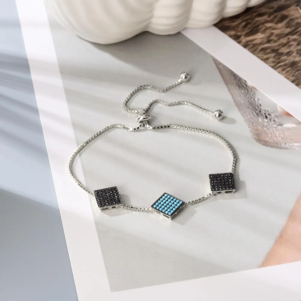 Modern Triple Square Sterling Silver Bracelet - Stylish 2D Rubik's Cube Charm - 10.3 Length - Gift Box Included"