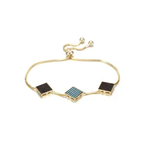 Modern Triple Square Sterling Silver Bracelet - Stylish 2D Rubik's Cube Charm - 10.3 Length - Gift Box Included"