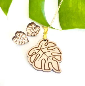 Monstera Leaf Studs Post Earring and Pendant Set