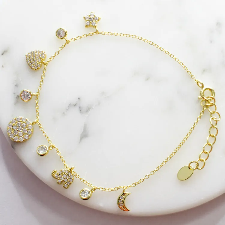 Multi Charm CZ Bracelet - Gold or Silver