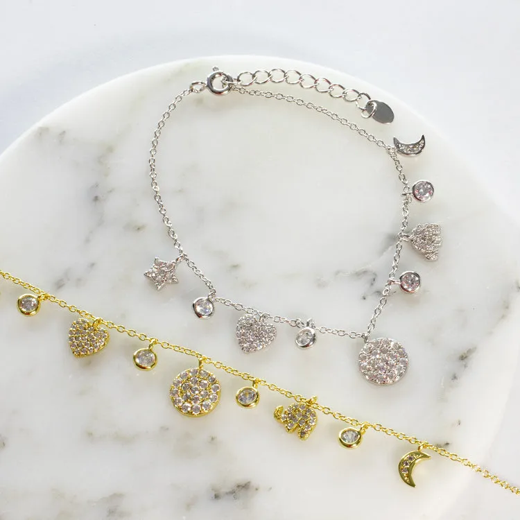 Multi Charm CZ Bracelet - Gold or Silver