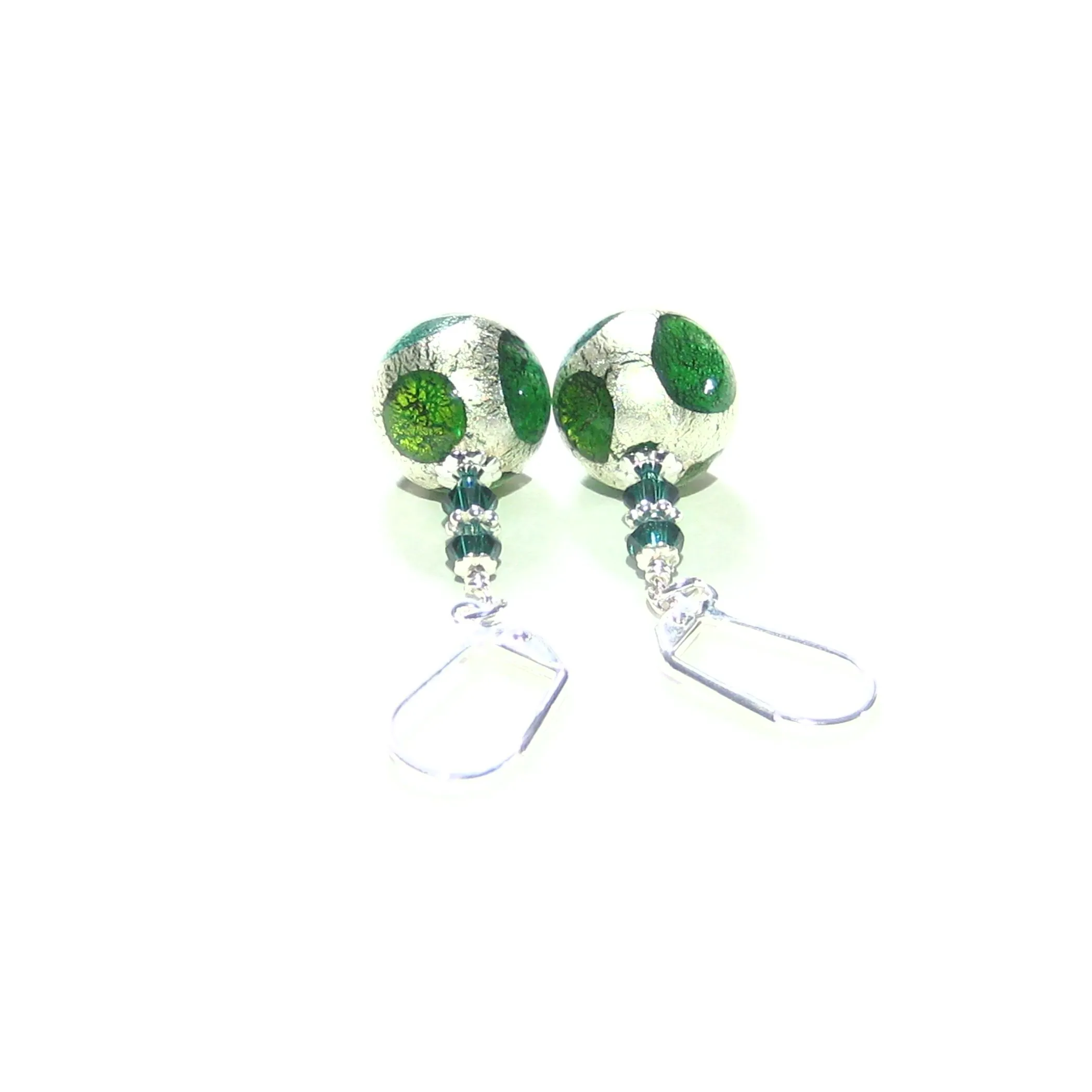 Murano Glass Green Dot Ball Silver Earrings