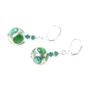 Murano Glass Green Dot Ball Silver Earrings