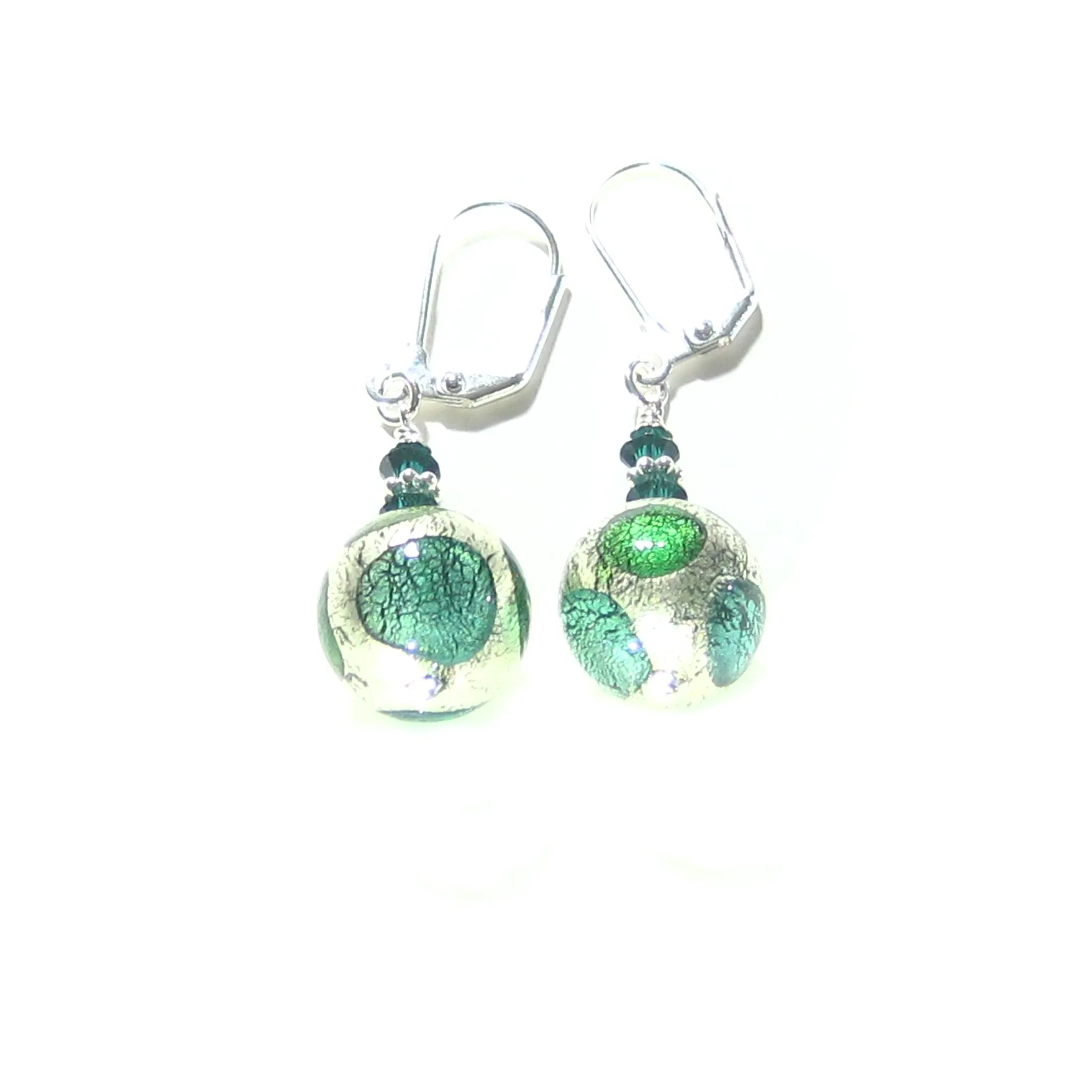 Murano Glass Green Dot Ball Silver Earrings