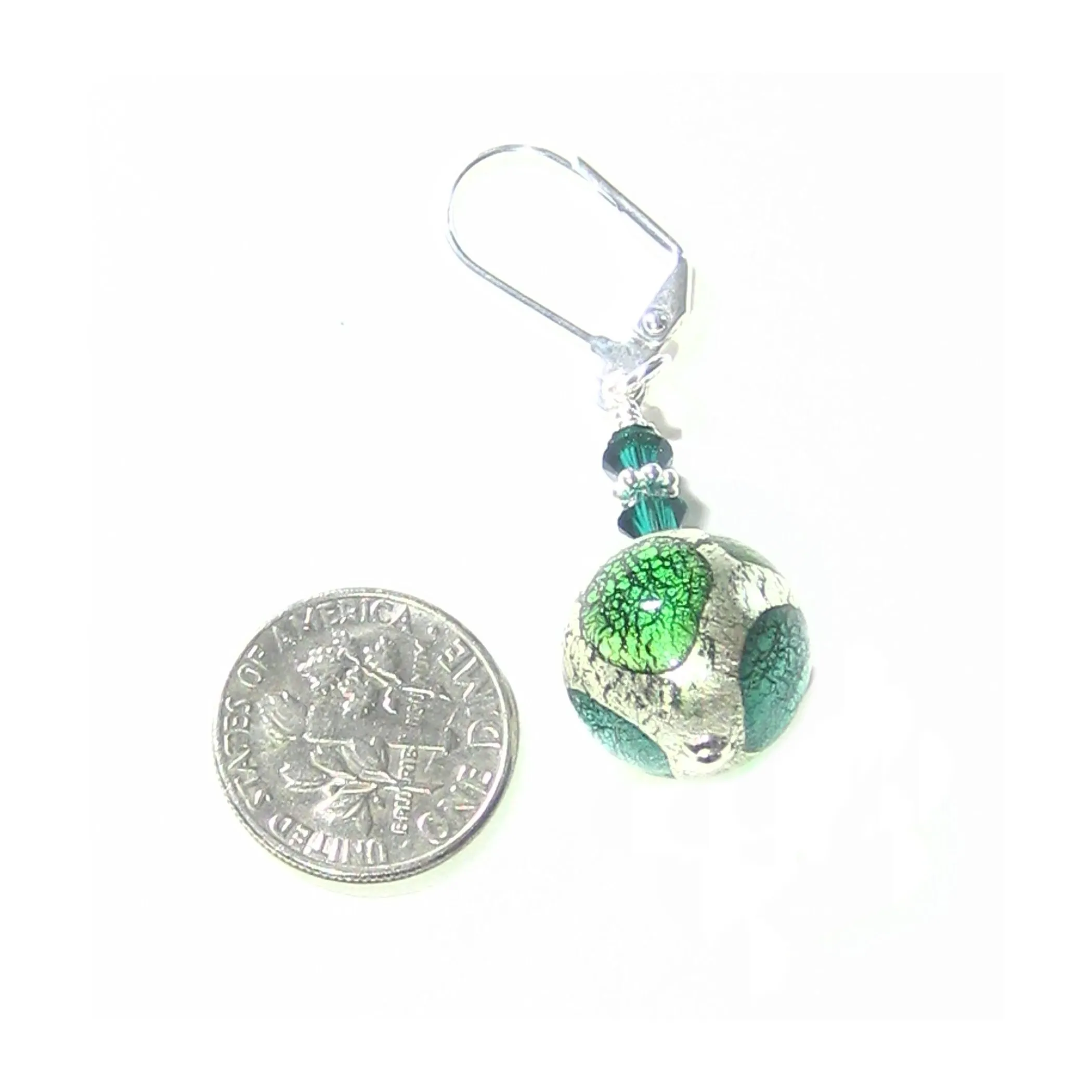 Murano Glass Green Dot Ball Silver Earrings