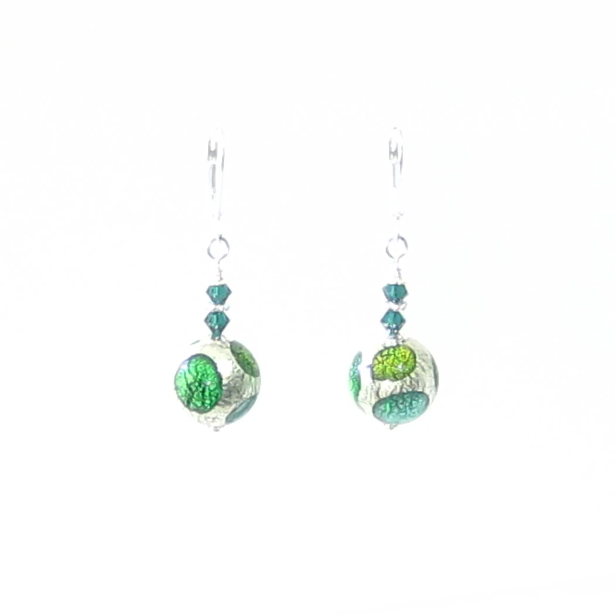 Murano Glass Green Dot Ball Silver Earrings